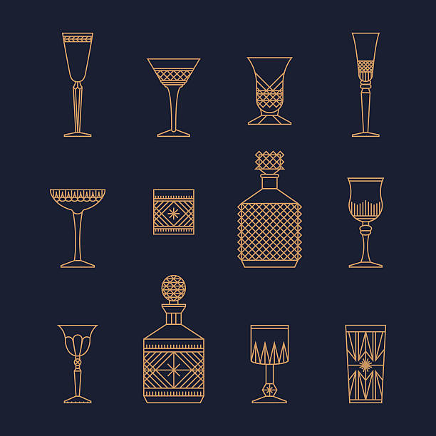 Bar crystal glasses Bar crystal glasses vector icons set, thin line style. Vector flat illustration crystal glassware stock illustrations