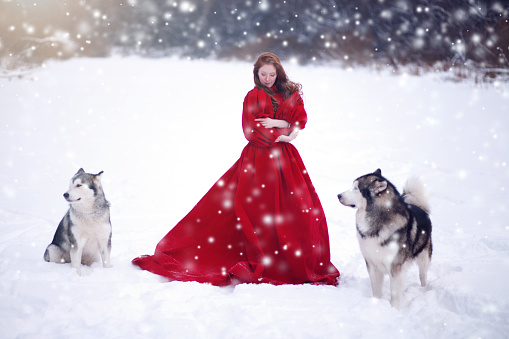 Woman on red dress with dogs. Fairy tale girl with Huskies or Malamute.