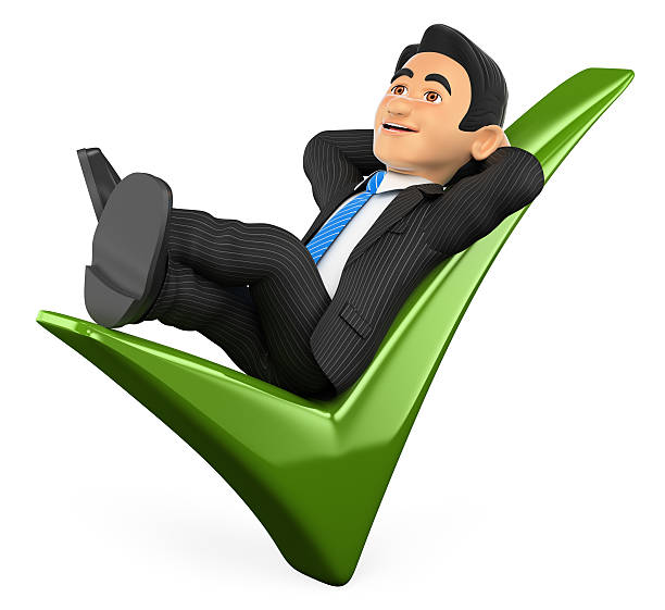 istock 3D Businessman lying on a green tick 611600874