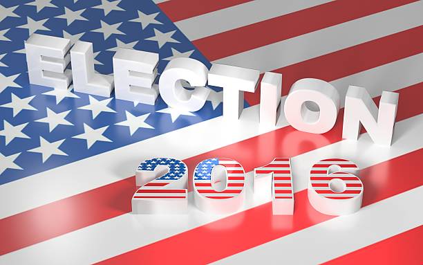 istock 3D illustration with USA flag and text election 2016 611603008