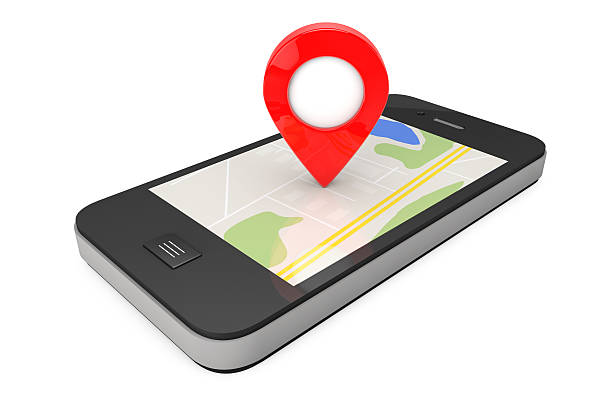 istock Navigation via Smartphone. Location Pointer on Phone with Map. 3 611604678