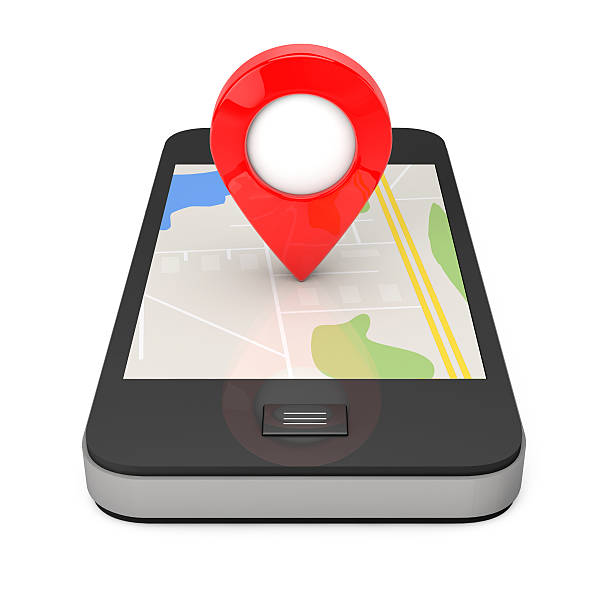 istock Navigation via Smartphone. Location Pointer on Phone with Map. 3 611604744