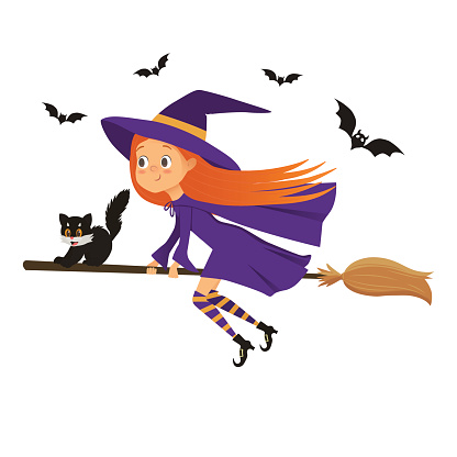 Little girl witch with a kitten flying on a broom