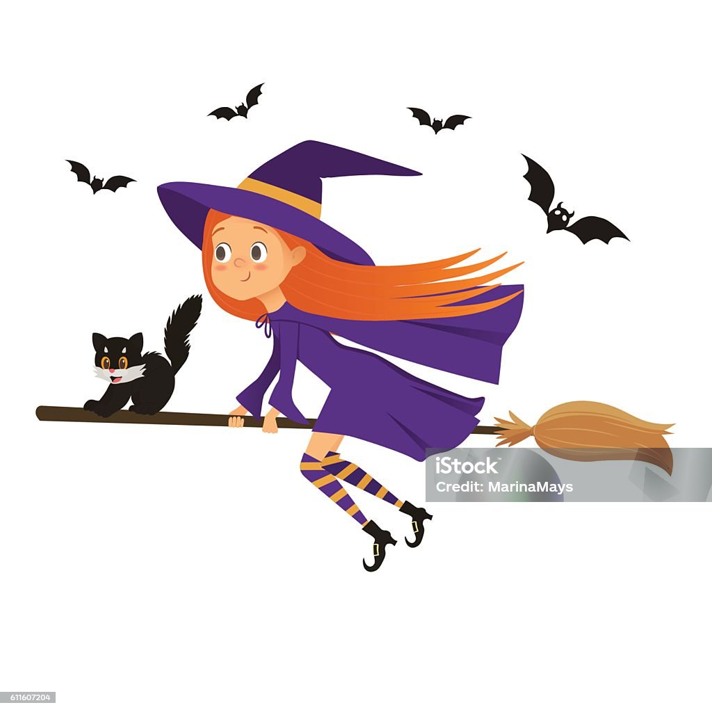 Little Girl Witch With A Kitten Flying On A Broom Stock Illustration -  Download Image Now - Witch, Broom, Flying - iStock