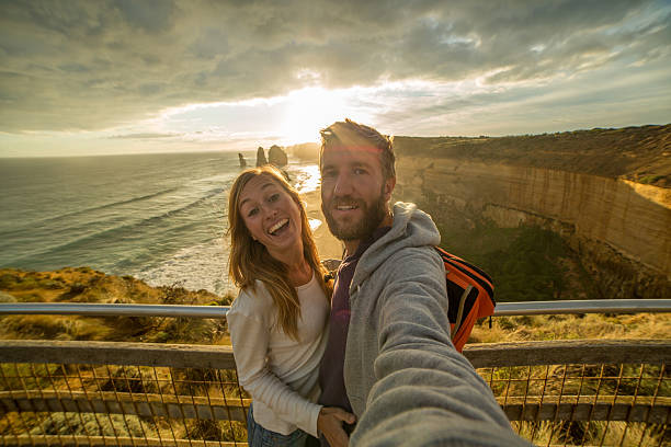 istock Young couple take selfie portrait 611608622