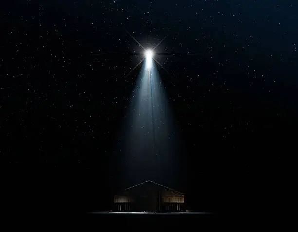 A 3D render of an abstract depiction of the nativity scene of christs birth in bethlehem with an isolated stable being spotlit by a bright star on  dark starry night background