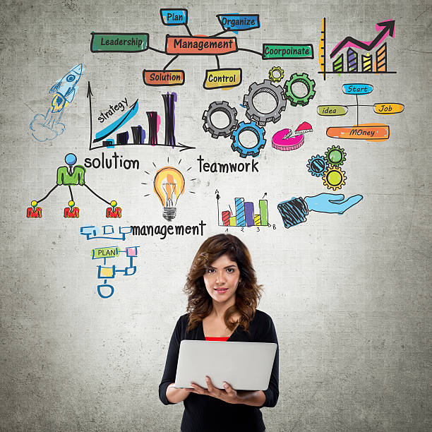 istock Businesswoman using laptop with team management concepts 611609306