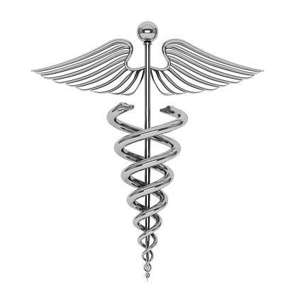 Silver Medical Caduceus Symbol on a white background. 3d Rendering