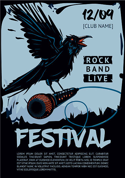 Music poster template for rock concert. Raven is holding microphone. Raven is holding microphone. Poster template for club, festival, concert and rock party. Grunge style. tattoo silhouettes stock illustrations