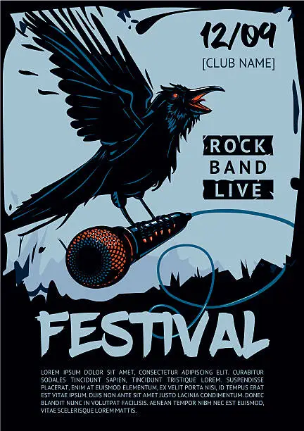 Vector illustration of Music poster template for rock concert. Raven is holding microphone.