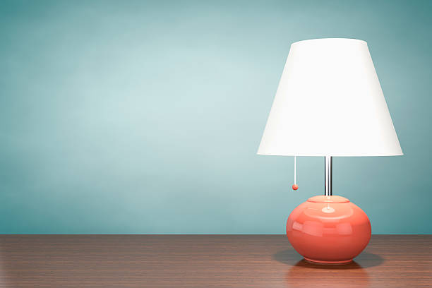 Retro Night Table Lamp. 3d Rendering Retro Night Table Lamp on a wooden table. 3d Rendering lamp shade stock pictures, royalty-free photos & images