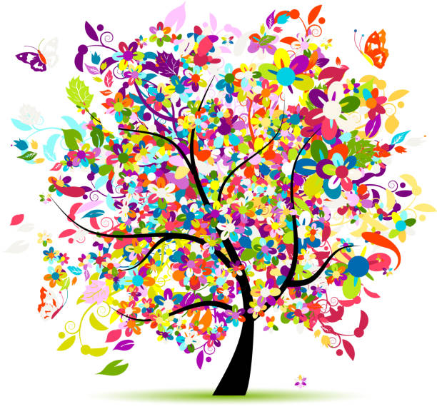 ilustraciones, imágenes clip art, dibujos animados e iconos de stock de árboles florales para su diseño - flower single flower leaf tree