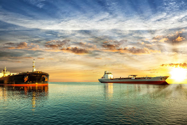 Oil tanker ships riding at anchor stock photo