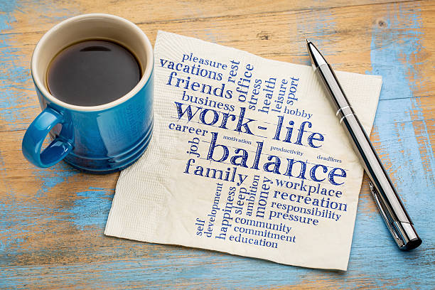 work life balance word cloud work life balance word cloud - handwriting on a napkin with a cup of coffee life balance photos stock pictures, royalty-free photos & images