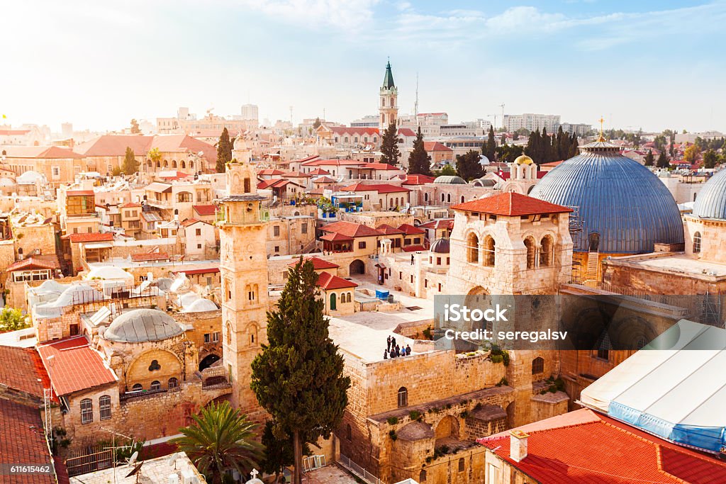 Old City Jerusalem from above. Church of the Holy Sepulchre. Old City of Jerusalem with the aerial view. View of the Church of the Holy Sepulchre, Israel. Jerusalem Stock Photo