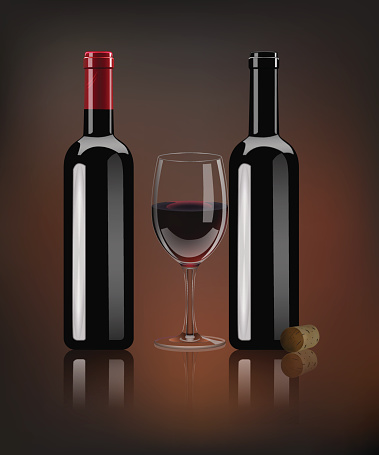 Vector realistic red wine bottles, wine cork and glass with mirror reflection on dark background.