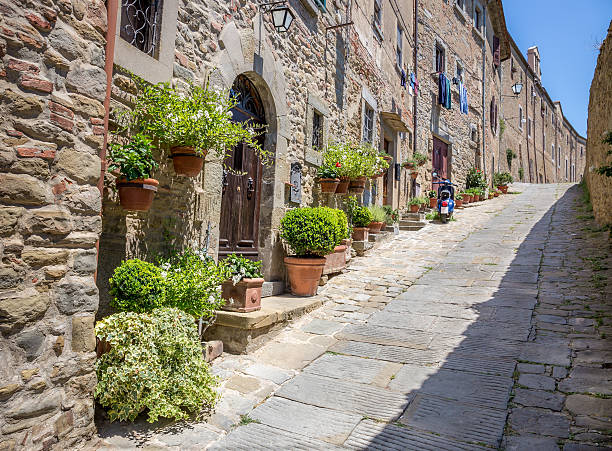 Beautiful street of Cortona, Tuscany stock photo