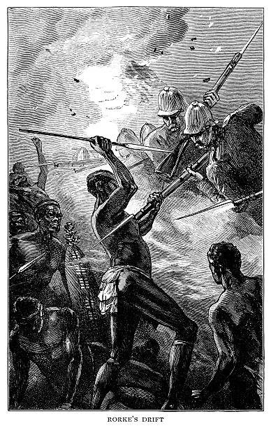 Rorke's Drift - Victorian engraving Scene from the defence of the mission station at Rorke’s Drift, a battle in the Anglo-Zulu War. The Battle of Rorke’s Drift took place from 22-23 January 1879. From “The Life of Victoria - Our Queen and Empress - Simply Told for Children” by Mrs L Valentine. Published in London and New York by Frederick Warne & Co in 1897, the Diamond Jubilee of Queen Victoria’s accession to the throne. african warriors stock illustrations