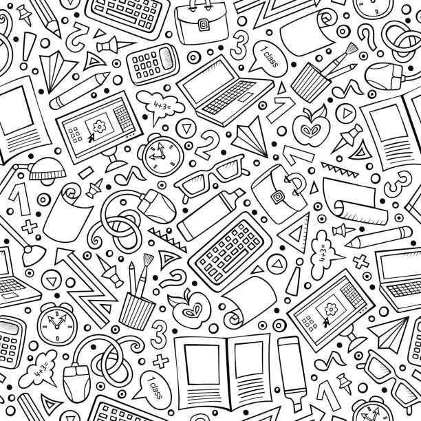 Cartoon School seamless pattern Cartoon cute hand drawn Science seamless pattern. Line art detailed, with lots of objects background. Endless funny vector illustration. Sketchy scientific backdrop. laptop patterns stock illustrations