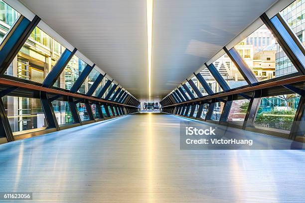 Canary Wharf Pedestrian Bridge Stock Photo - Download Image Now - Vanishing Point, Tunnel, City