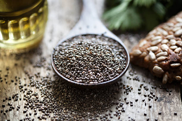 istock Wooden spoon oil chia seeds bread 611623190