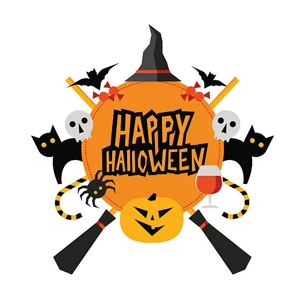 Vector illustration of Halloween sign with pumpkin, bats, cats, spider, witches hat, br