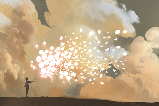 man releasing glowing balloons and butterflies flock in the sky,illustration painting