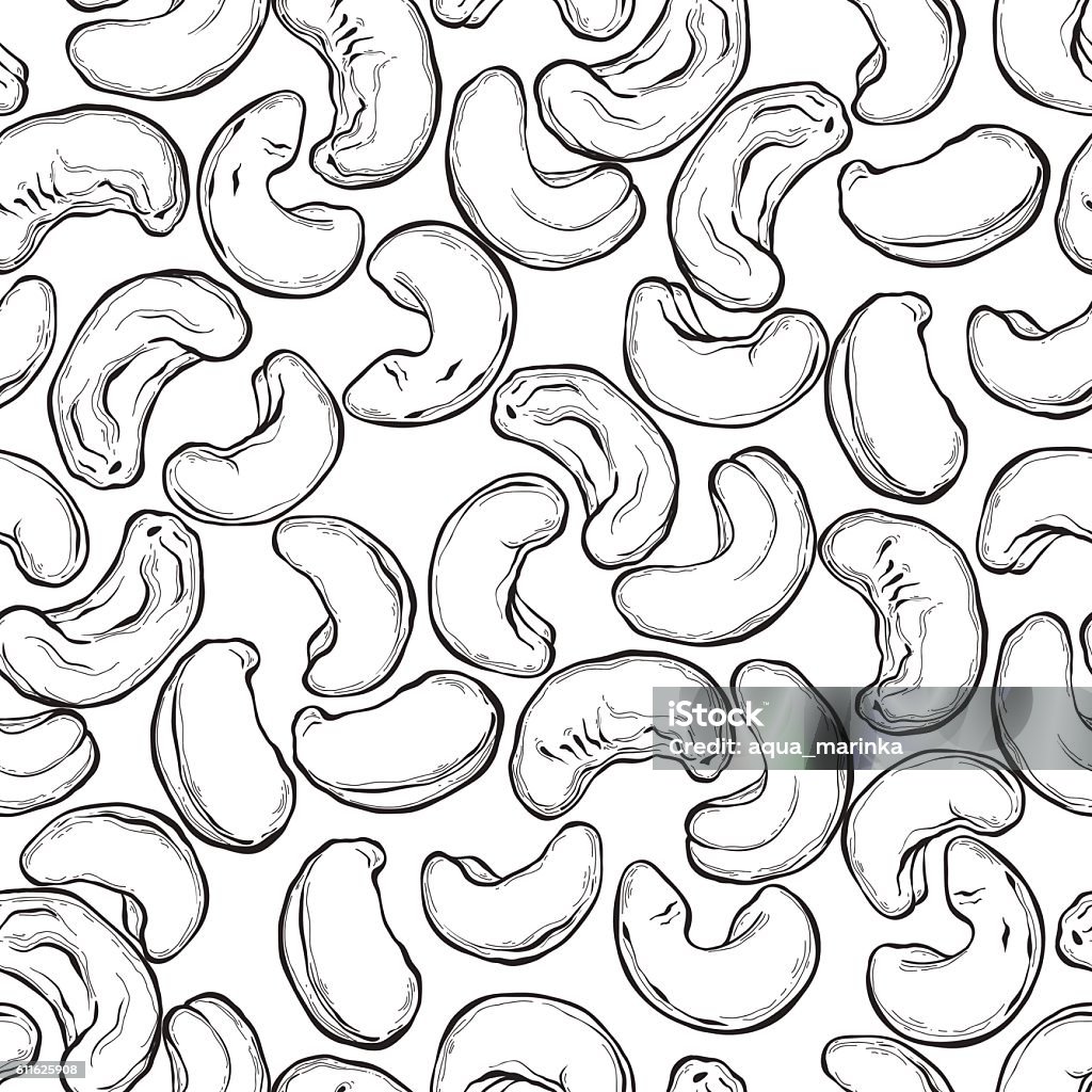 Cashew nuts . Seamless vector pattern. Outline hand drawn illustration. Endless vector background with cashew nuts . Outline hand drawn illustration. Black and white food background. Cashew stock vector