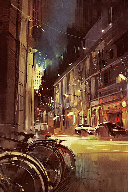 istock night scene of a street in city with colorful light 611626322