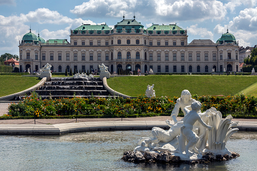 Vienna, Austria - August 7, 2016: Upper Belverdere Palace in Vienna - Austria. The Belvedere is a historic building complex consisting of two Baroque palaces (the Upper and Lower Belvedere), the Orangery, and the Palace Stables. It was built as a summer residence for Prince Eugene of Savoy.