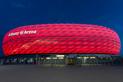 Munich, Germany - August 3, 2016: The Allianz Arena - A football stadium in Munich, Bavaria, Germany with a 75,000 seating capacity, Home ground for two professional Munich football clubs FC Bayern Munich and TSV 1860 Munich have played their home games at the Allianz Arena since the start of the 2005â06 season.