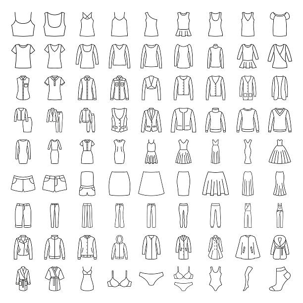 ilustraciones, imágenes clip art, dibujos animados e iconos de stock de iconos de la ropa. iconos de línea ropa de moda de mujeres - river wear illustrations
