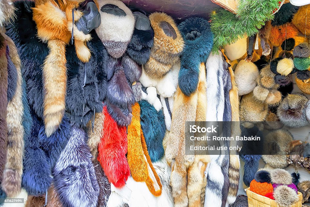 Stall With Animal Skin Products At Riga Christmas Market Stock Photo -  Download Image Now - iStock