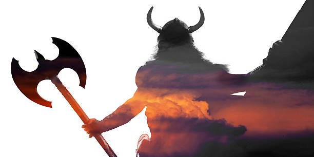Double exposure portrait of a strong viking on ship with helmet and sword on sunset isolated on white background.