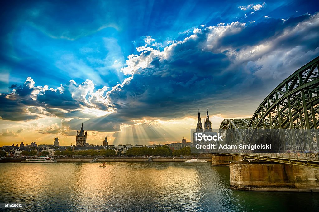 Panoramic view to Cologne Cathedral and Hohenzollernbrücke at sunset (HDR) Cologne skyline, Germany Cologne Stock Photo