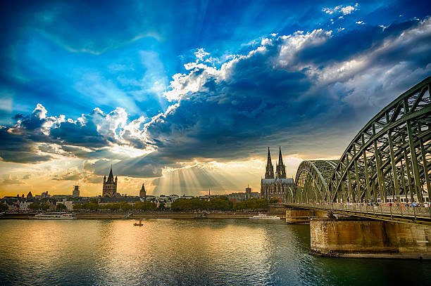 Panoramic view to Cologne Cathedral and Hohenzollernbrücke at sunset (HDR) Cologne skyline, Germany koln germany stock pictures, royalty-free photos & images