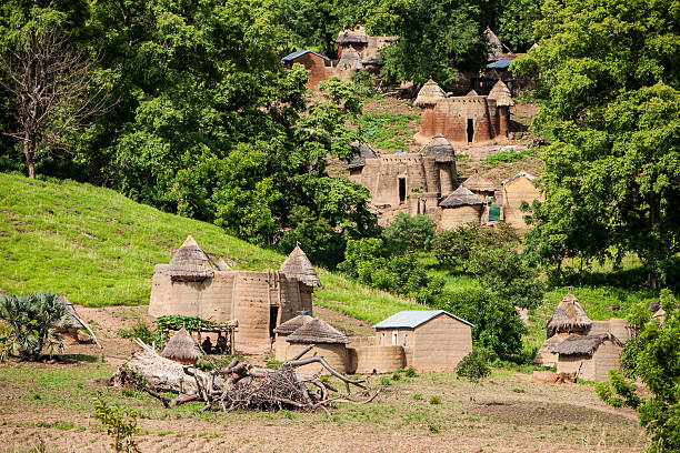 Traditional huts in the Tamberma Valley, Togo The fortress like dwellings of the Tamberma people in northern Togo were originally built to prevent slave traders from capturing them. The narrow openings and sleeping on the roof made them easier to defend. togo stock pictures, royalty-free photos & images