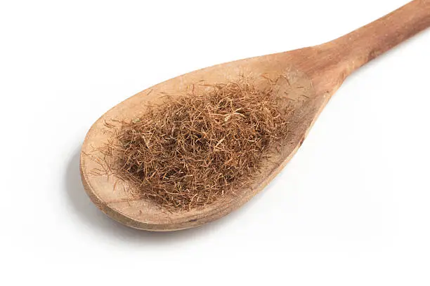 Dry Corn Silk Herb into a spoon isolated in white background. Stigmata Maydis