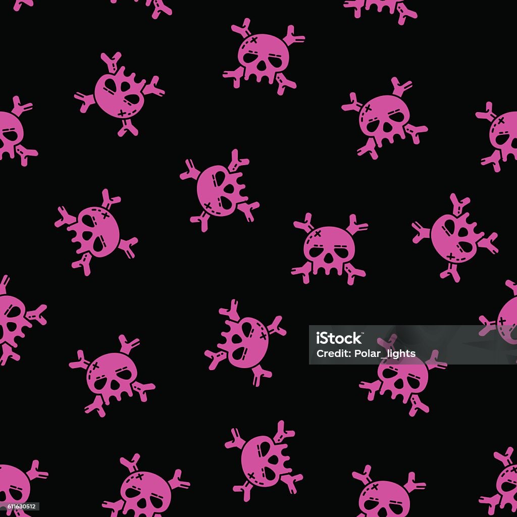Vector pink skulls and bones on black background. Emo seamless pattern. Vector pink skulls and bones on black background. Pink Color stock vector