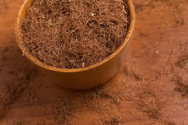 Photo of Dry Corn Silk Herb into a bowl. Stigmata Maydis