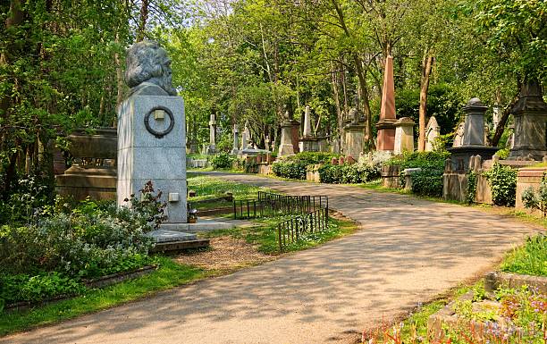 weg, der durch den ostfriedhof führt, vorbei am denkmal - highgate cemetery stock-fotos und bilder