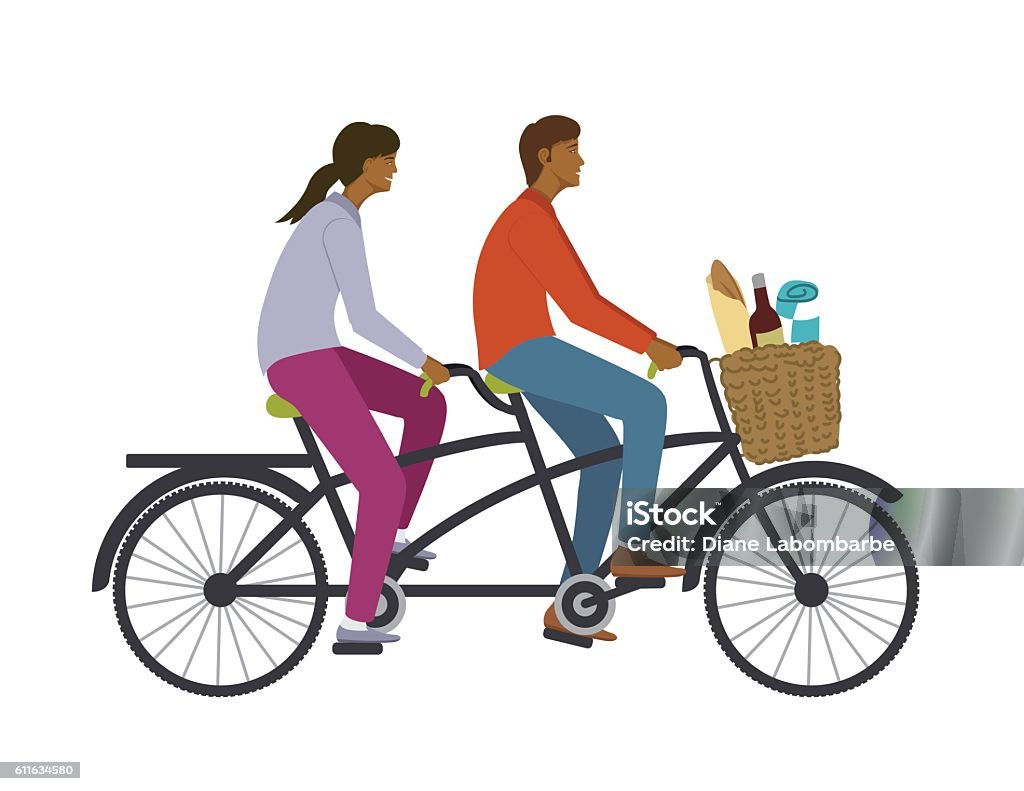 Two People Riding A Tandem Bike Two people riding a tandem bike. Picnic Basket stock vector