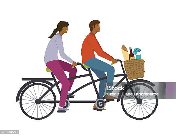 Two People Riding A Tandem Bike Stock Illustration - Download Image Now - Picnic Basket, Active Lifestyle, Adult