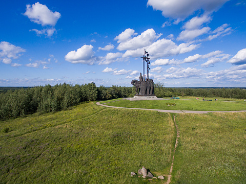 Aerial view The monument of Aleksandr Nevskiy in Pskov Russia