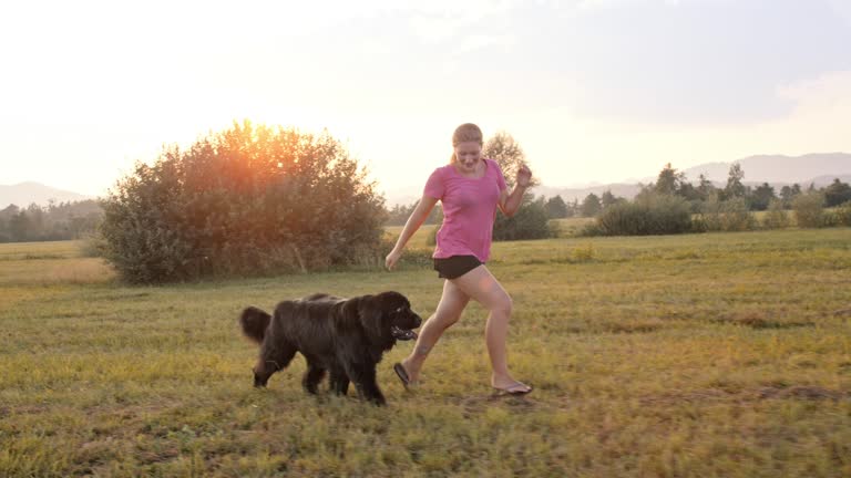 SLO MO TS Dog running next to his female owner in the meadow