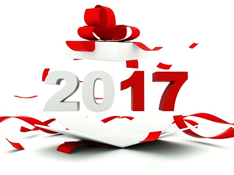 2017 New Year sign inside the present isolated on white. 3D illustration