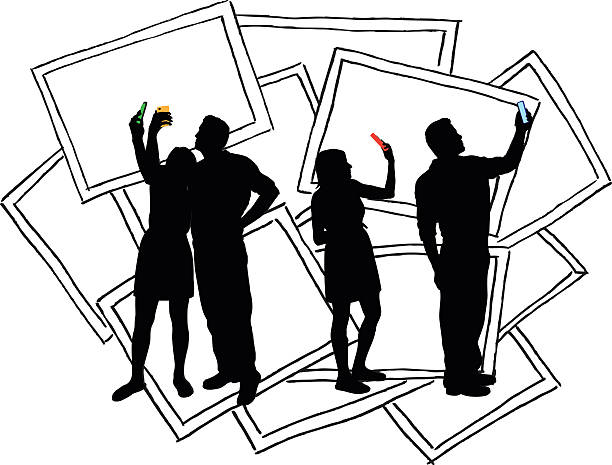 Selfies Couple Vector Silhouette A vector silhouette illustration of couple holding up their multi-coloured cell phone to take photographs or "selfies" of themselves.  The background is several layers of photgraph outlines. selfie borders stock illustrations