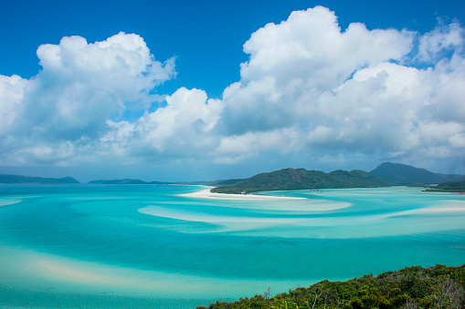 The view from Hill Inlet lookout at Whitsunday Islands on a sunny spring day