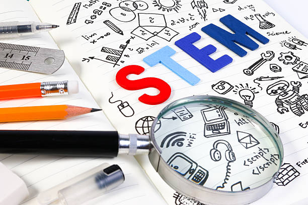 istock STEM concept with drawing background. Magnifying glass over education background. 611751134