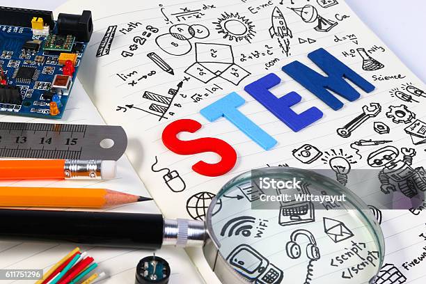 Stem Concept With Drawing Background Magnifying Glass Over Education Background Stock Photo - Download Image Now
